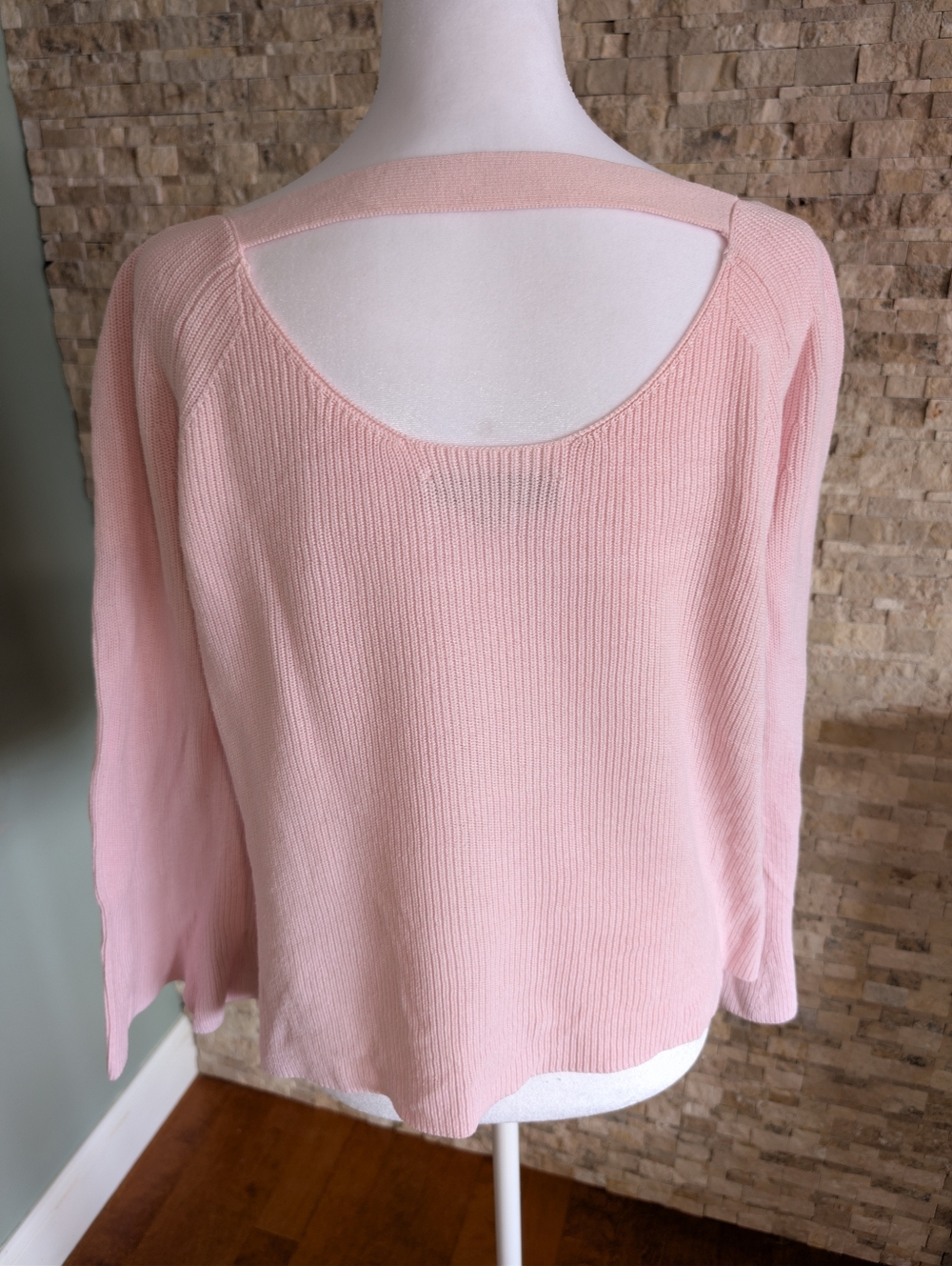 LOFT Pink Strappy Back Bell Sleeve Ribbed Knit Cotton Silk Blend Sweater Size M